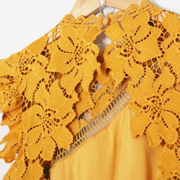 NEW SAYLOR Reine Mustard Yellow Sheath Midi Dress XS Lace Open Back Ruffle  $264 - Picture 9 of 15